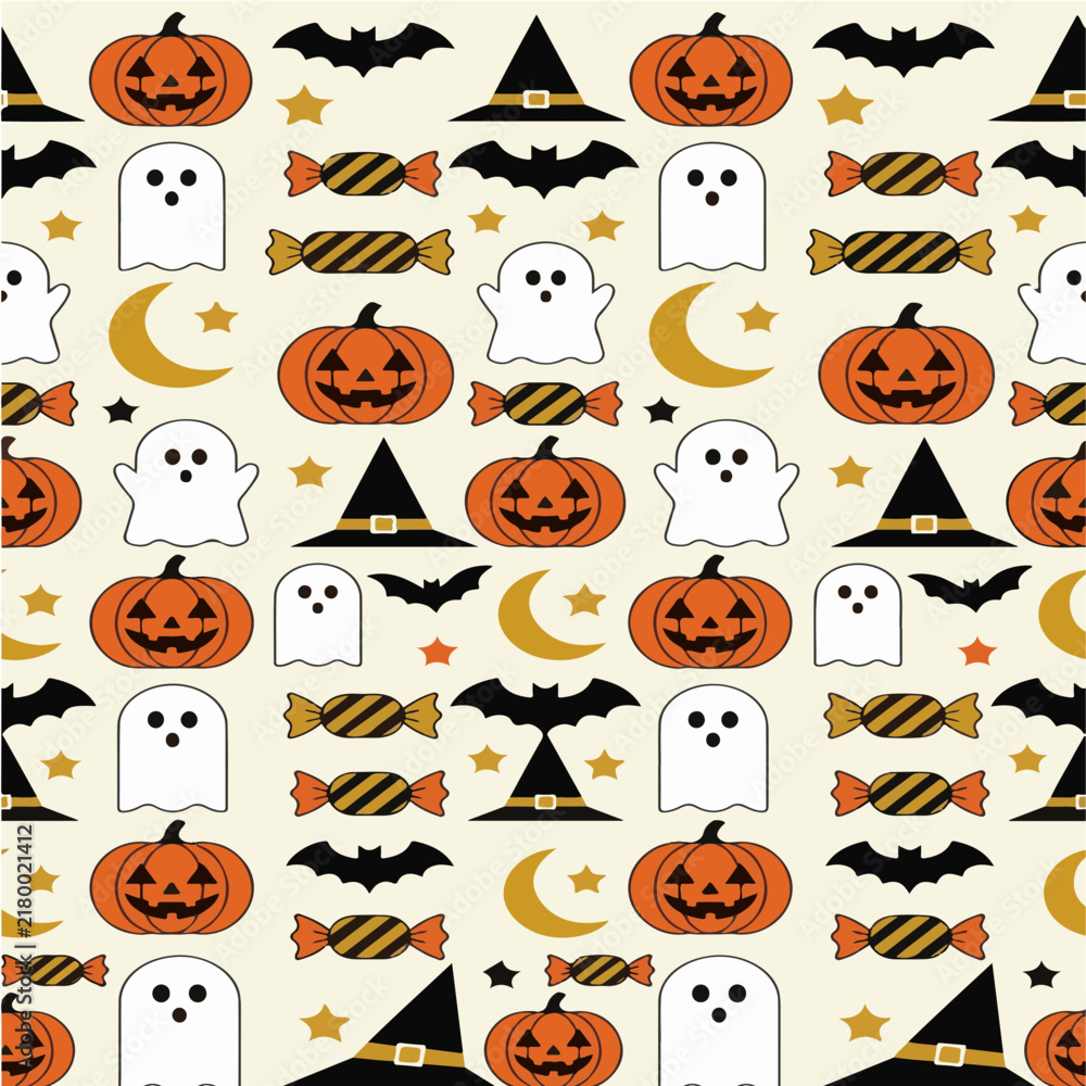 Obraz premium Seamless pattern background with cute Halloween icons like pumpkins ghosts bats and candy.