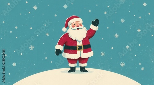 Vintage illustration of Santa Claus waving his hand in the snow.