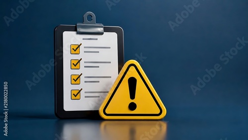 Clipboard with checklist and yellow warning triangle sign representing risk assessment compliance and safety inspection concept.
