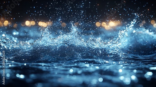 Dynamic water splash at night with bokeh lights.