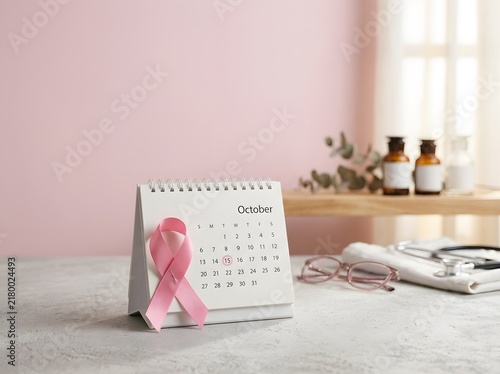 Breast cancer awareness month banner with October calendar, pink ribbon and wellness items