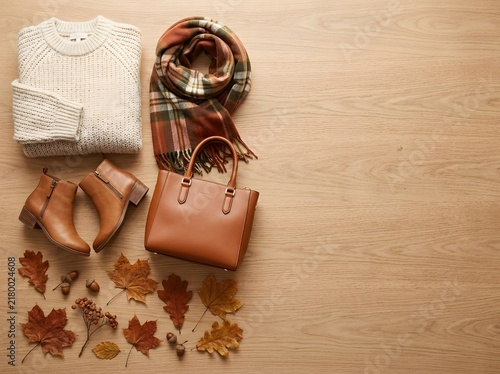 Cozy autumn winter fashion outfit flat lay on light wooden background with scarf and boots
