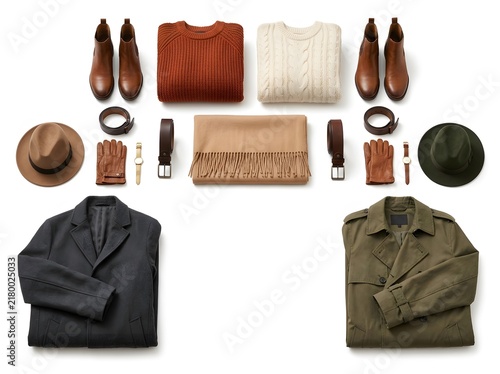 Men autumn winter fashion clothes and accessories flat lay isolated on white background