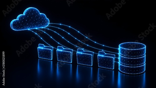 Naklejka Wireframe cloud computing network showing polygonal data folders migrating to a central database server in a futuristic digital mesh