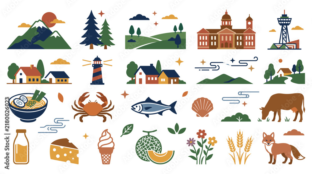 Fototapeta premium Nature landscapes and regional food icons in flat minimalist style.