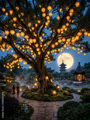 Lantern tree night moon garden pagoda pathway glowing traditional Asian peaceful serene illuminated nature architecture celebration festival light outdoor ancient mystical tranquil cultural
