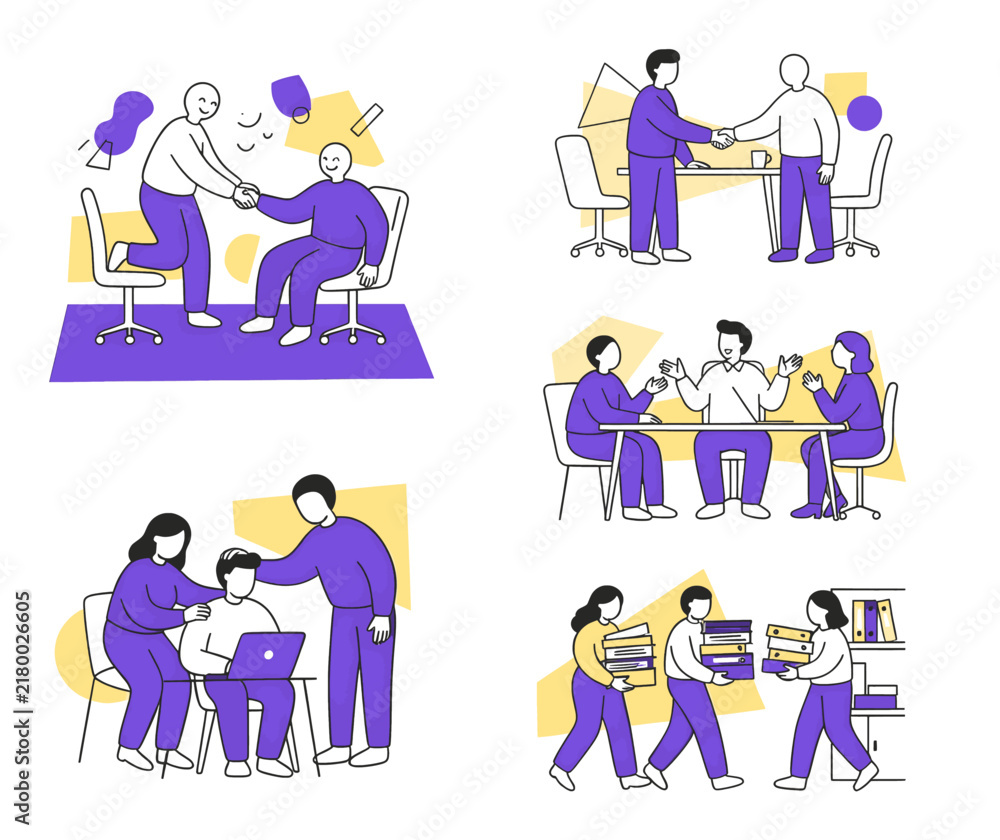 Fototapeta premium Set of flat vector illustrations depicting corporate teamwork and professional collaboration in a modern office environment