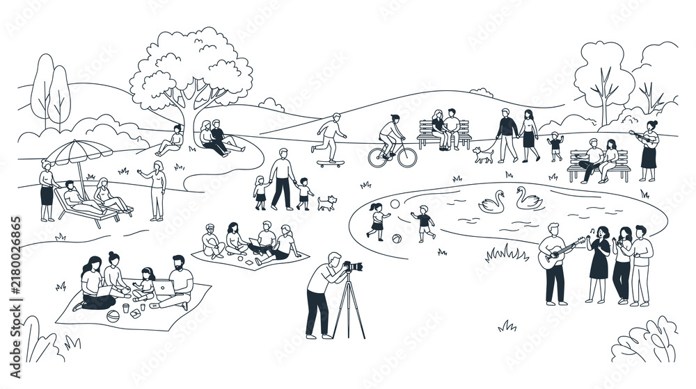 Fototapeta premium Park recreation scene with diverse people outdoor leisure activities.
