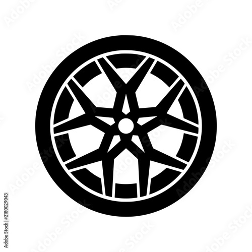 Black and white aggressive split spoke car wheel rim silhouette icon vector illustration