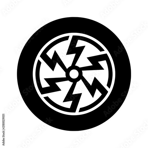 Black and white lightning bolt spoke car wheel rim silhouette icon vector illustration