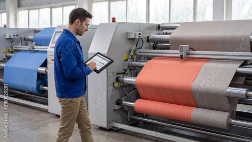 Technician using a digital tablet inspects large industrial textile printing and rolling machinery inside a busy factory.