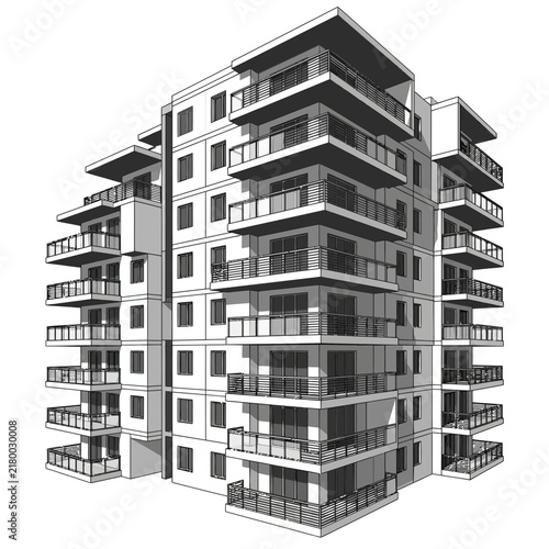 Modern Apartment Building Rendering, Residential Architecture, Balconies