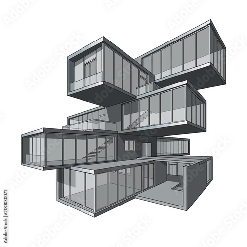 Modern architectural design, cantilevered boxes, contemporary residential building