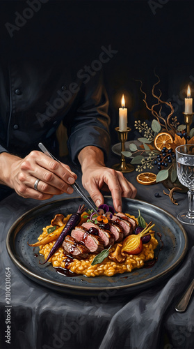 Professional Chef Plating Gourmet Roasted Duck Breast with Saffron Risotto and Root Vegetables in an Elegant Candlelit Dining Setting