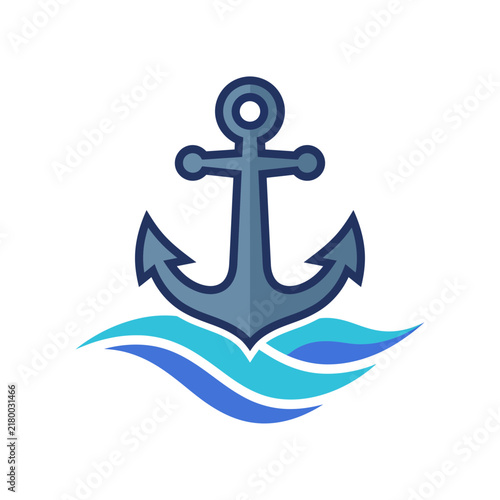 Nautical Anchor Over Blue Waves Isolated