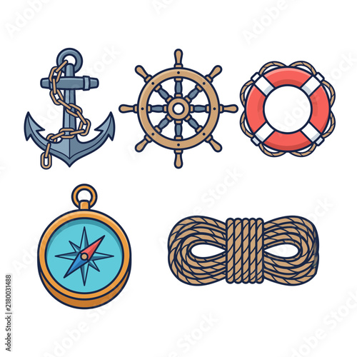 Nautical Icons: Anchor, Wheel, Lifebuoy, Compass, Rope