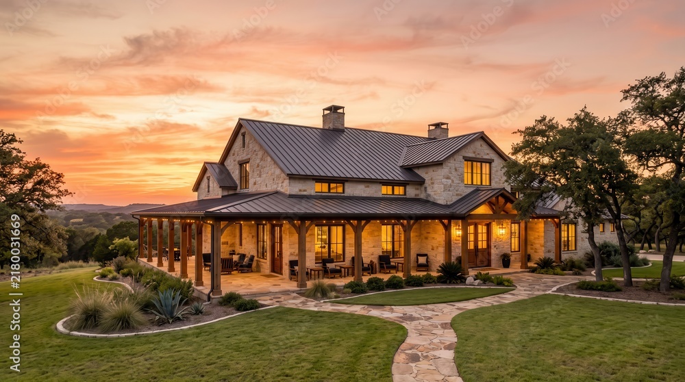 Fototapeta premium Stone country house with wraparound porch and curved walkway