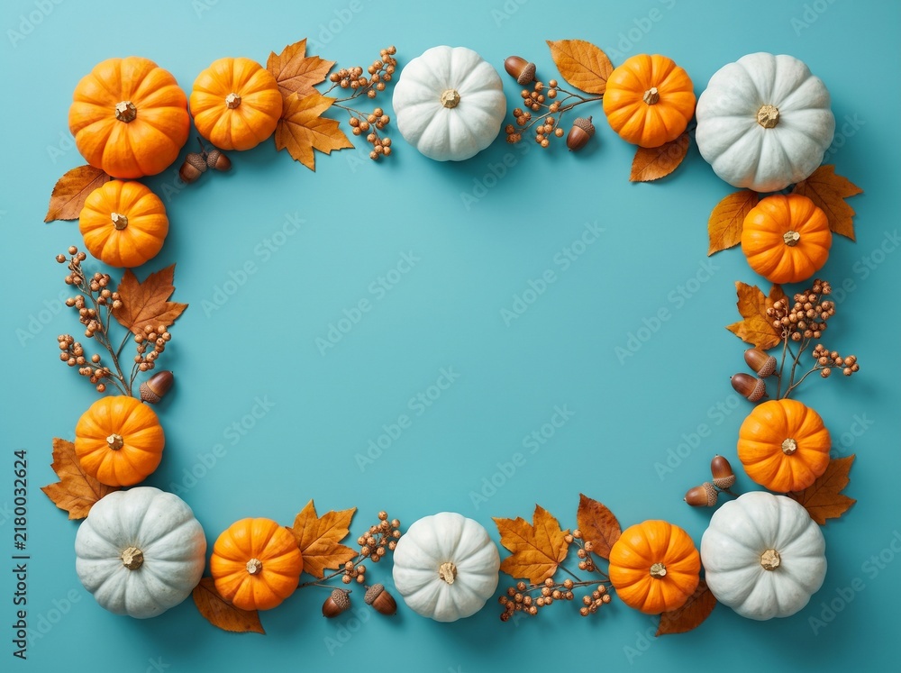 Obraz premium Flat lay of small orange and white pumpkins with autumn leaves arranged as a frame on blue background pumpkins background seasonal thanksgiving halloween november decoration