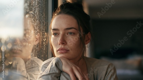 Young woman with freckles looking out a rain-streaked window thoughtfully