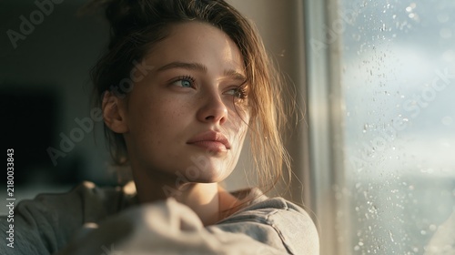 Young woman with freckles looking out a rain-streaked window with thoughtful expression