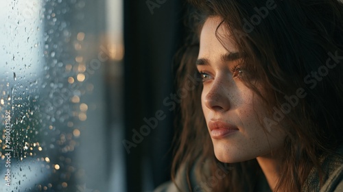 Thoughtful young woman looking out window on a rainy day