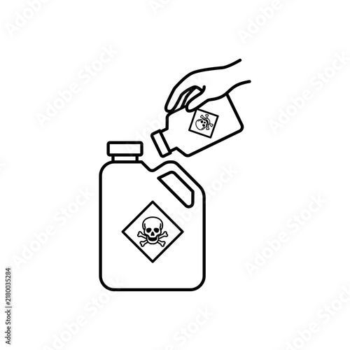 Line art icon depicting a hand disposing of a chemical bottle into a hazardous waste jug marked with a skull and crossbones symbol.