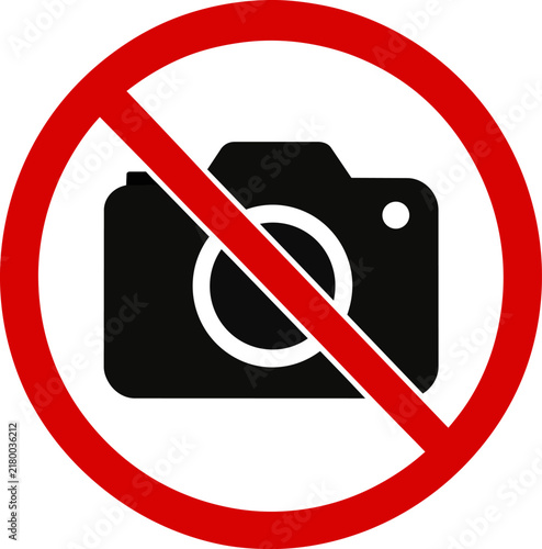 Prohibitory no photography sign vector, red circle with crossed out camera icon, restricted area warning symbol for security ,Clean grouped each Icon
