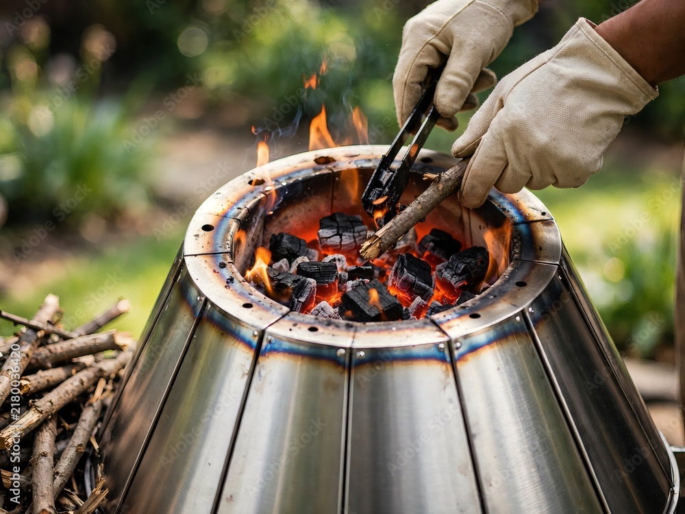 Obraz premium Close up of a person wearing protective gloves using tongs to add a small wooden stick into a burning stainless steel smokeless fire pit filled with glowing red charcoal outdoors
