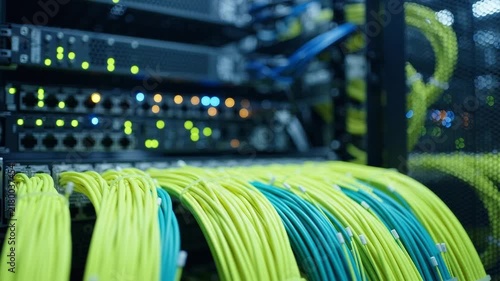 Close up view of fiber optic cables and blinking server rack lights on transparent background