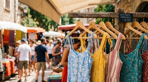 Clothing rack with colorful dresses on wooden hangers at an outdoor market