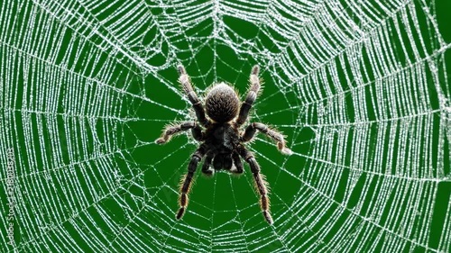 Three identical spiders sitting on circular spider webs against green on transparent background