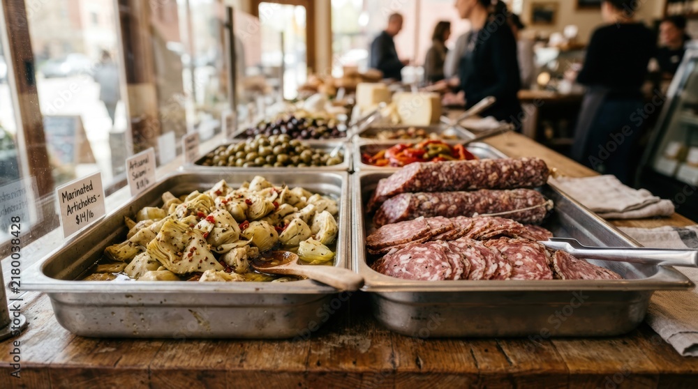 Obraz premium Gourmet food trays with artichokes and salami displayed on a wooden counter in a busy deli