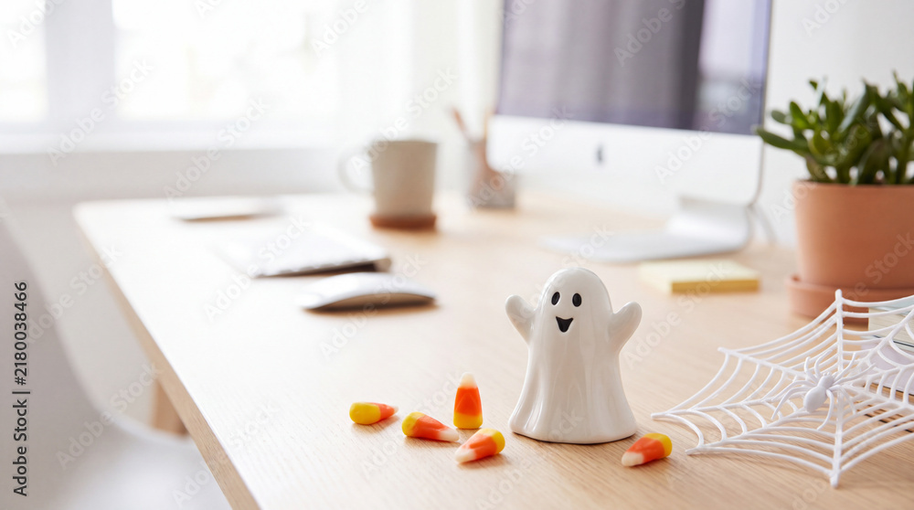 Fototapeta premium Close-up of a tidy office desk with a tiny ghost figurine, candy corns and a decorative spider web, capturing playful Halloween office decor for marketing visuals.