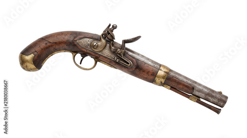 Принти на полотні Antique flintlock pistol with wooden stock and brass fittings, vintage dueling h
