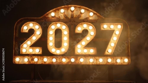 Lighted vintage number sign showing 2027 in smoky dark environment on transparent background