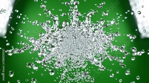 Water splash and bubbles in motion against a green background on transparent background