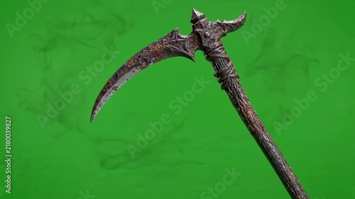 Fantasy scythe weapon with black smoke effect on green screen with video on transparent background