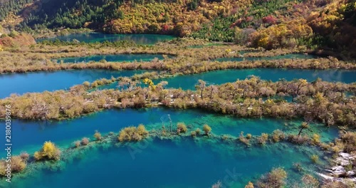 Aerial footage of stunning Jiuzhaigou landscapes