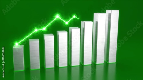 Metallic bar charts growing with a glowing green line on green background on transparent background