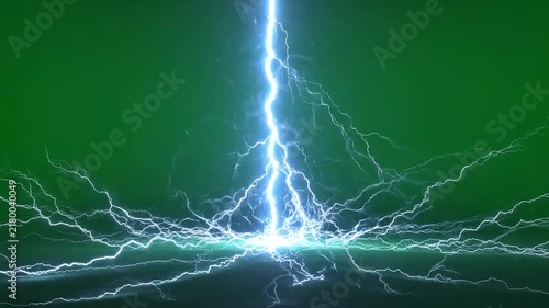 Bright lightning bolts striking ground on green screen with against green on transparent background