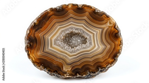 Polished brown and white agate gemstone slice showing concentric rings against a white background with gemstone polished concentric precious ornament collectible specimen formation interior