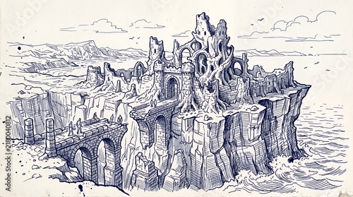 Ancient fortress ruins on a steep rocky ocean cliff.