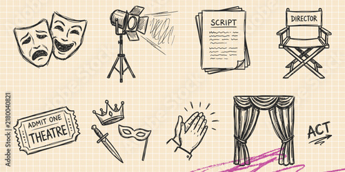 Hand drawn vintage black ink scribble doodle vector set of theatre masks and drama acting icons for creative graphic design