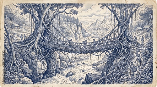 Ancient living root bridge spanning deep jungle valley.