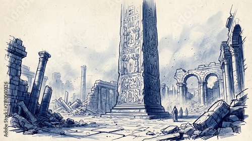 Ancient Egyptian ruins with obelisk and pillars.