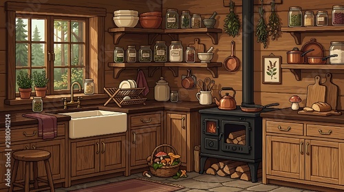 Rustic cabin kitchen interior with wood stove and wooden cabinets in a cozy forest home