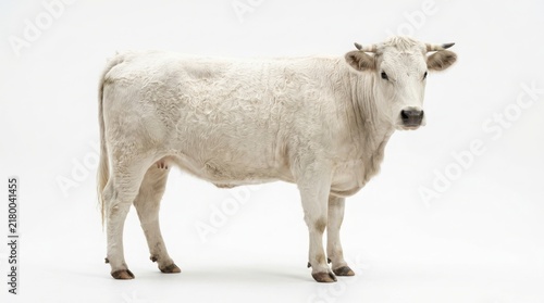 White cow standing on a white background side view with cut out full length farm animal dairy cow beef cattle horned animal livestock animal rural life mammal animal livestock standing