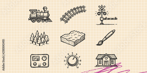Hand drawn vintage black ink scribble doodle vector set of railway train transport and travel journey icons for creative graphic design