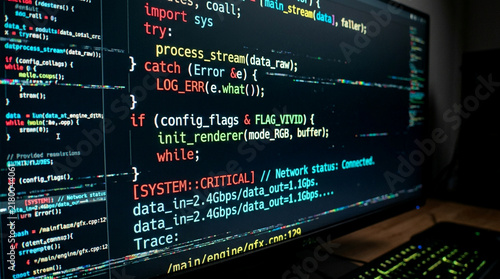Computer monitor displaying software source code and system logs for programming development.