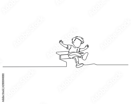 Boy in Playful Jumping Pose Continuous One Line Drawing Illustration on White Background Conveying Energy